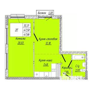 1-к квартира, строящийся дом, 48м2, 5/8 этаж