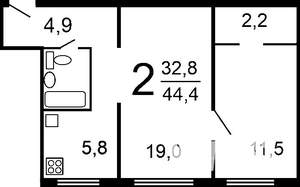 2-к квартира, вторичка, 44м2, 7/9 этаж