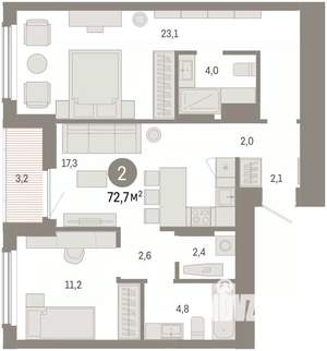 2-к квартира, вторичка, 73м2, 7/16 этаж