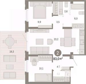 2-к квартира, вторичка, 83м2, 1/17 этаж