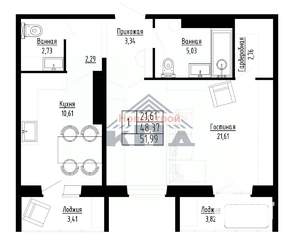 1-к квартира, строящийся дом, 52м2, 7/16 этаж