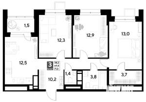 3-к квартира, строящийся дом, 71м2, 20/21 этаж