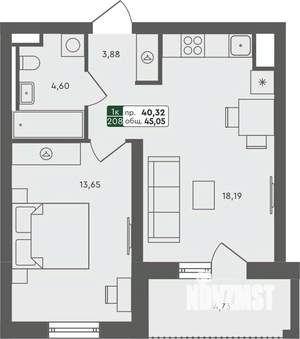 1-к квартира, строящийся дом, 45м2, 6/7 этаж