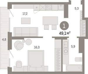 1-к квартира, вторичка, 49м2, 5/9 этаж