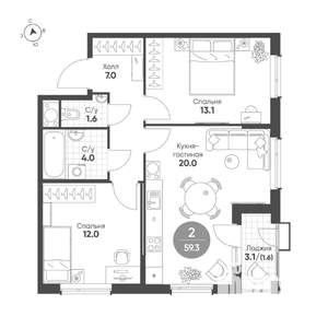 2-к квартира, строящийся дом, 59м2, 4/15 этаж