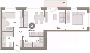 2-к квартира, вторичка, 62м2, 6/16 этаж