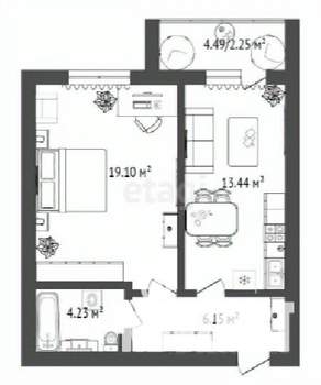 1-к квартира, строящийся дом, 46м2, 15/16 этаж