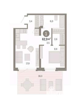1-к квартира, вторичка, 63м2, 1/9 этаж