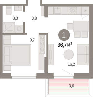1-к квартира, вторичка, 37м2, 2/9 этаж