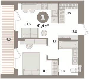 1-к квартира, вторичка, 41м2, 14/16 этаж