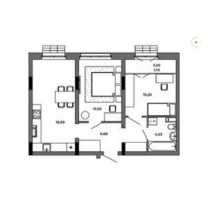 2-к квартира, строящийся дом, 58м2, 6/8 этаж