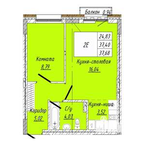 1-к квартира, строящийся дом, 38м2, 3/8 этаж