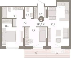 2-к квартира, вторичка, 66м2, 8/17 этаж