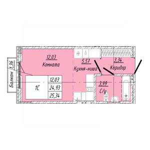 1-к квартира, строящийся дом, 25м2, 2/8 этаж