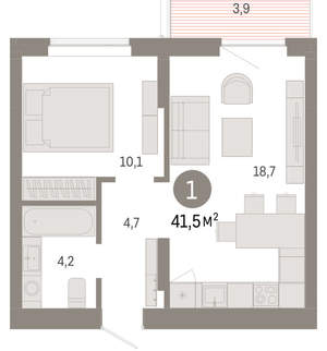 1-к квартира, вторичка, 42м2, 2/9 этаж