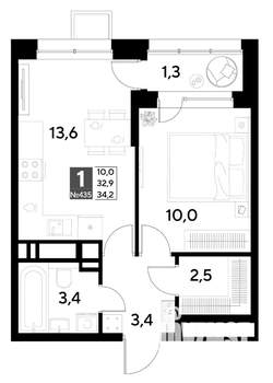1-к квартира, строящийся дом, 34м2, 21/21 этаж