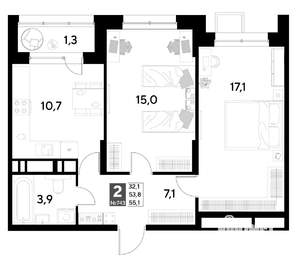2-к квартира, строящийся дом, 55м2, 15/21 этаж