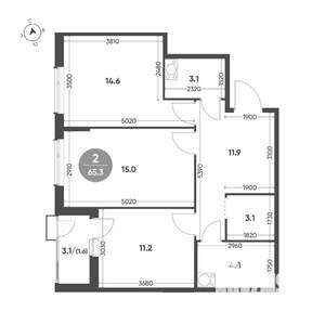 2-к квартира, вторичка, 65м2, 9/15 этаж