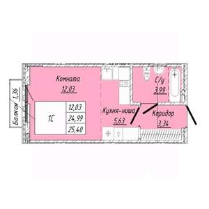 1-к квартира, строящийся дом, 25м2, 3/8 этаж