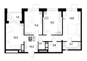 3-к квартира, строящийся дом, 72м2, 9/21 этаж