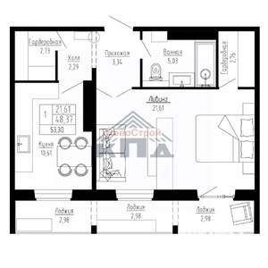 1-к квартира, строящийся дом, 53м2, 13/16 этаж