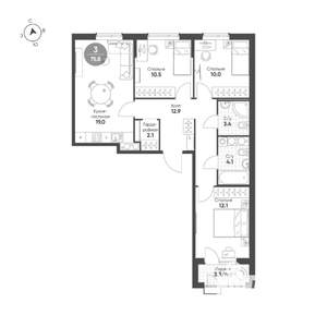 3-к квартира, вторичка, 76м2, 12/15 этаж