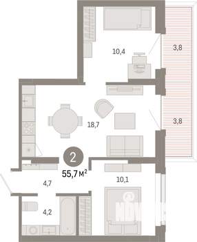 2-к квартира, вторичка, 56м2, 2/17 этаж