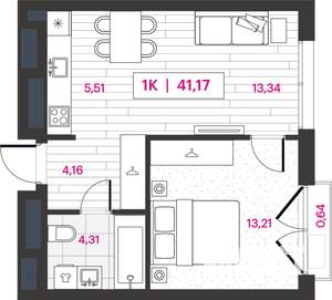 1-к квартира, строящийся дом, 41м2, 13/15 этаж