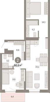 2-к квартира, вторичка, 67м2, 4/9 этаж