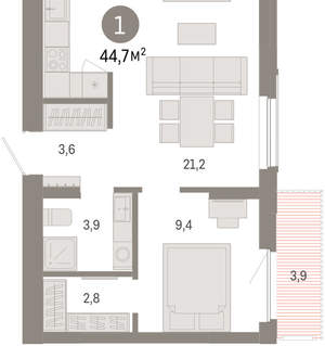 1-к квартира, вторичка, 45м2, 3/16 этаж