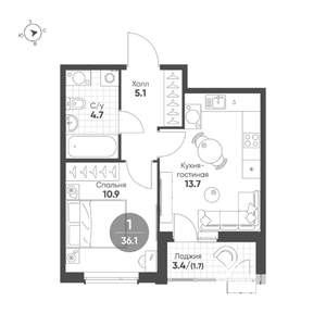 1-к квартира, вторичка, 36м2, 9/10 этаж