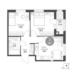 2-к квартира, вторичка, 49м2, 3/11 этаж