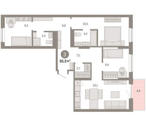 3-к квартира, вторичка, 87м2, 7/9 этаж