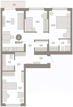 3-к квартира, вторичка, 88м2, 5/16 этаж