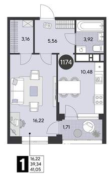 1-к квартира, строящийся дом, 41м2, 11/21 этаж