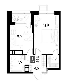 1-к квартира, строящийся дом, 34м2, 2/21 этаж