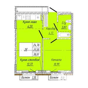 1-к квартира, строящийся дом, 38м2, 4/8 этаж