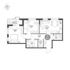 2-к квартира, вторичка, 62м2, 9/15 этаж