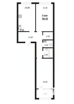 2-к квартира, строящийся дом, 69м2, 13/14 этаж