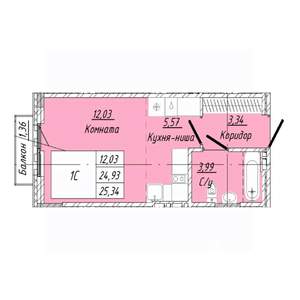 1-к квартира, строящийся дом, 25м2, 3/8 этаж
