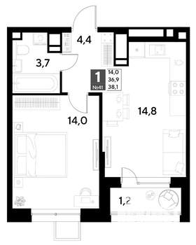 1-к квартира, строящийся дом, 38м2, 5/21 этаж