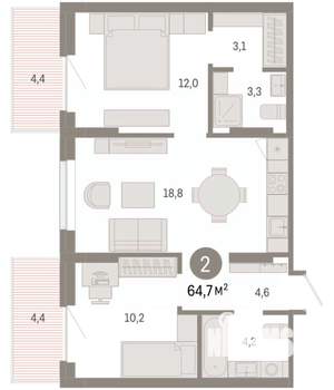 2-к квартира, вторичка, 65м2, 6/9 этаж