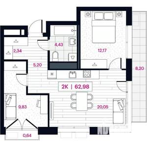 2-к квартира, строящийся дом, 63м2, 8/15 этаж
