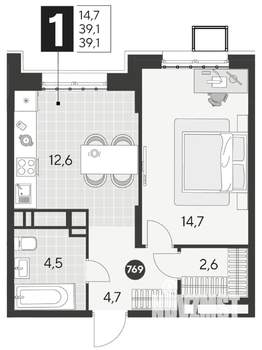 1-к квартира, строящийся дом, 39м2, 18/21 этаж