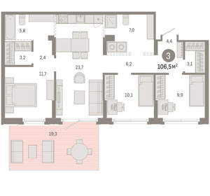 3-к квартира, вторичка, 107м2, 1/9 этаж