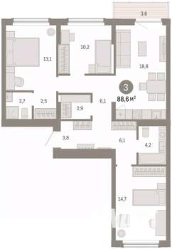 3-к квартира, вторичка, 89м2, 6/16 этаж