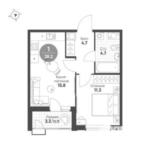 1-к квартира, строящийся дом, 38м2, 8/15 этаж