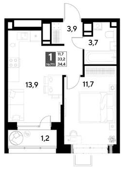 1-к квартира, строящийся дом, 34м2, 12/21 этаж