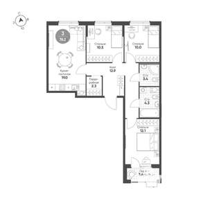 3-к квартира, строящийся дом, 76м2, 5/15 этаж