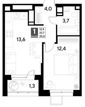 1-к квартира, строящийся дом, 35м2, 21/21 этаж